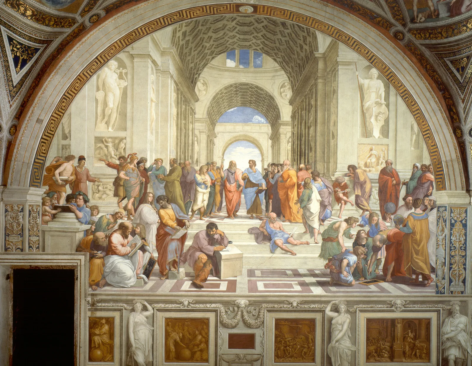 Duotone print of Raphael's The School of Athens